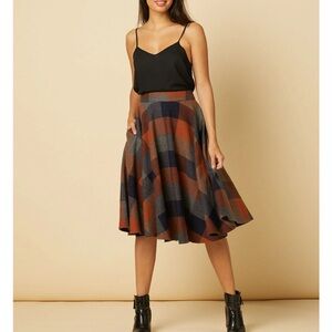 Unique Vintage Plaid Midi Skirt in Rust, Navy & Gray